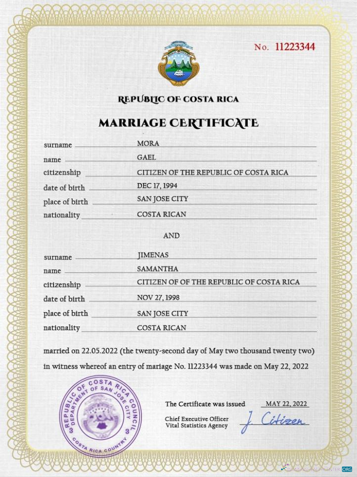 Download Costa Rica marriage certificate PSD template Photoshop template